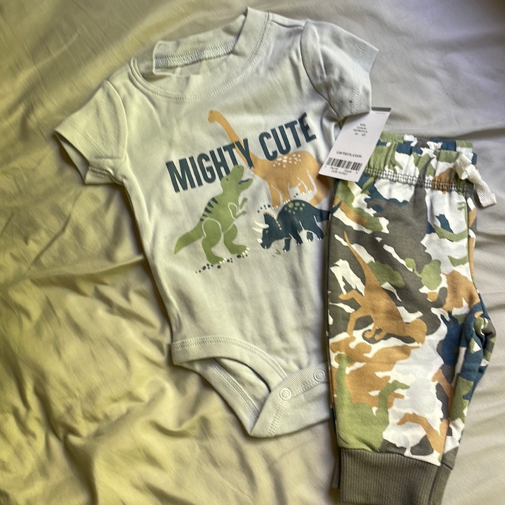 2 piece. 3 month dinosaur outfit with short sleeve onesie and pants